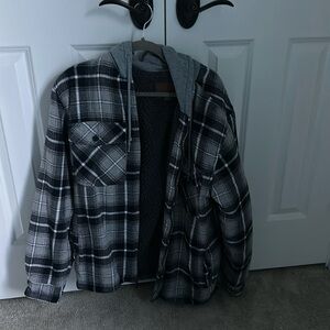 Unisex lined flannel button up jacket with hood